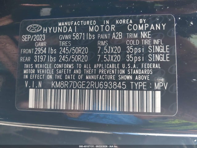 Aukcja sprzedaży 2024 Hyundai Palisade Calligraphy Night Edition, vin: KM8R7DGE2RU693845, numer aukcji: 45157131