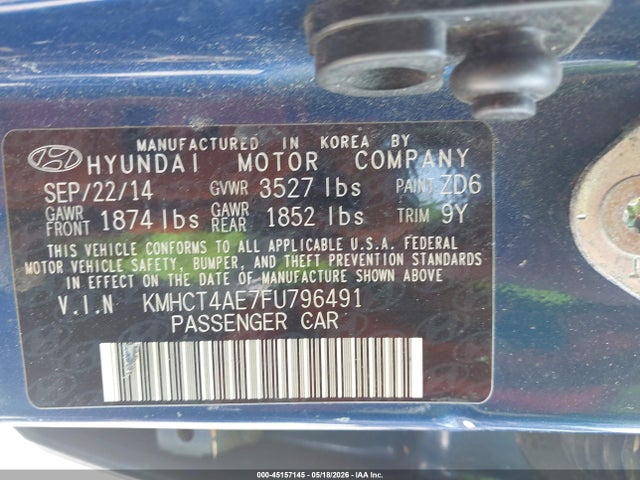 2015 Hyundai Accent Gls მანქანა იყიდება აუქციონზე, vin: KMHCT4AE7FU796491, აუქციონის ნომერი: 45157145