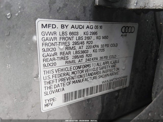 45157158 :رقم المزاد ، WA1LAAF7XHD019691 vin ، 2017 Audi Q7 3.0t Premium مزاد بيع