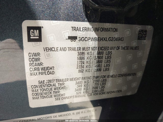 Aukcja sprzedaży 2020 Chevrolet Silverado 1500 2wd  Short Bed Custom, vin: 3GCPWBEHXLG204943, numer aukcji: 45157174