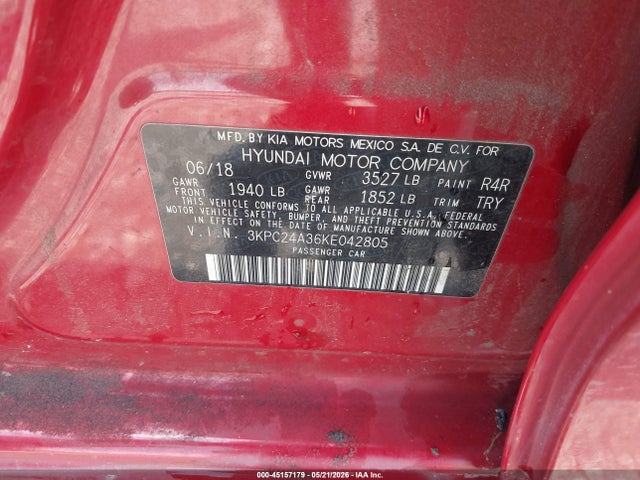 2019 Hyundai Accent Sel მანქანა იყიდება აუქციონზე, vin: 3KPC24A36KE042805, აუქციონის ნომერი: 45157179