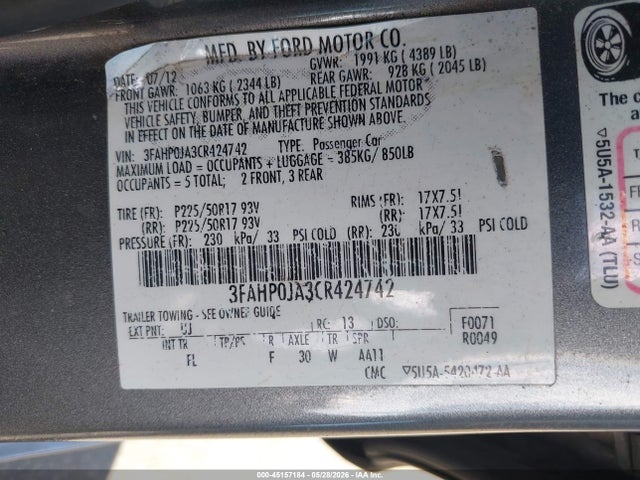 Aukcja sprzedaży 2012 Ford Fusion Sel, vin: 3FAHP0JA3CR424742, numer aukcji: 45157184