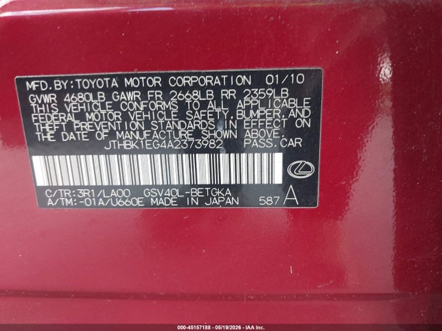 2010 Lexus Es 350 მანქანა იყიდება აუქციონზე, vin: JTHBK1EG4A2373982, აუქციონის ნომერი: 45157188