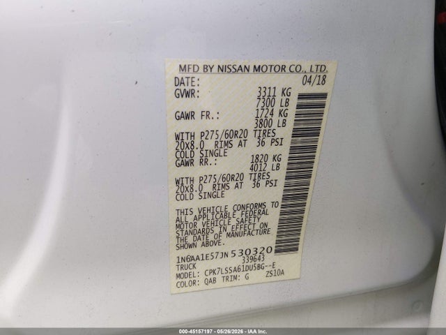 Aukcja sprzedaży 2018 Nissan Titan Sv, vin: 1N6AA1E57JN530320, numer aukcji: 45157197