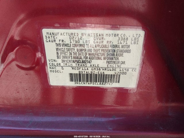 Aukcja sprzedaży 2012 Nissan Versa 1.6 Sv, vin: 3N1CN7AP5CL882747, numer aukcji: 45157209