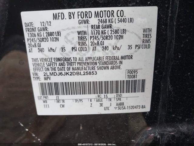 45157213 :رقم المزاد ، 2LMDJ6JK2DBL25853 vin ، 2013 Lincoln Mkx مزاد بيع
