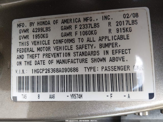 Aukcja sprzedaży 2008 Honda Accord 2.4 Lx, vin: 1HGCP26368A090686, numer aukcji: 45157214