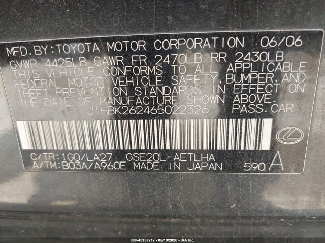 45157217 :رقم المزاد ، JTHBK262465022326 vin ، 2006 Lexus Is 250 مزاد بيع