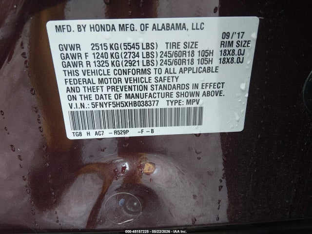 45157225 :رقم المزاد ، 5FNYF5H5XHB038377 vin ، 2017 Honda Pilot Ex-l مزاد بيع