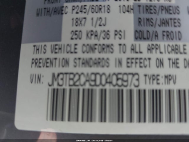 2013 Mazda Cx-9 Touring მანქანა იყიდება აუქციონზე, vin: JM3TB2CA9D0405973, აუქციონის ნომერი: 45157237