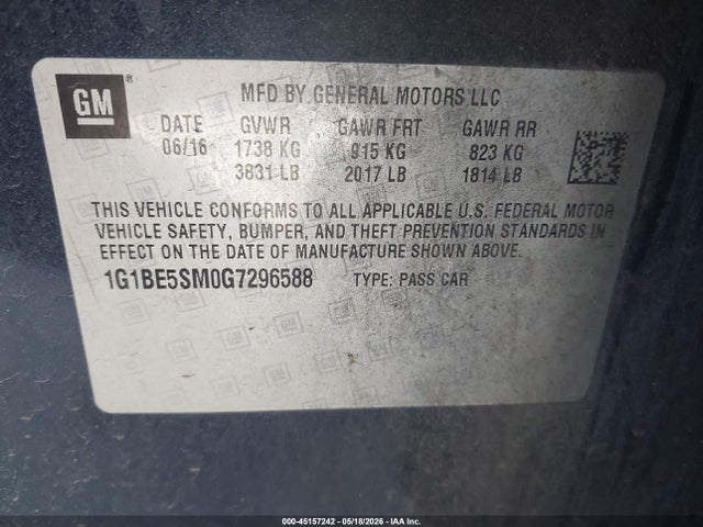 Aukcja sprzedaży 2016 Chevrolet Cruze Lt Auto, vin: 1G1BE5SM0G7296588, numer aukcji: 45157242