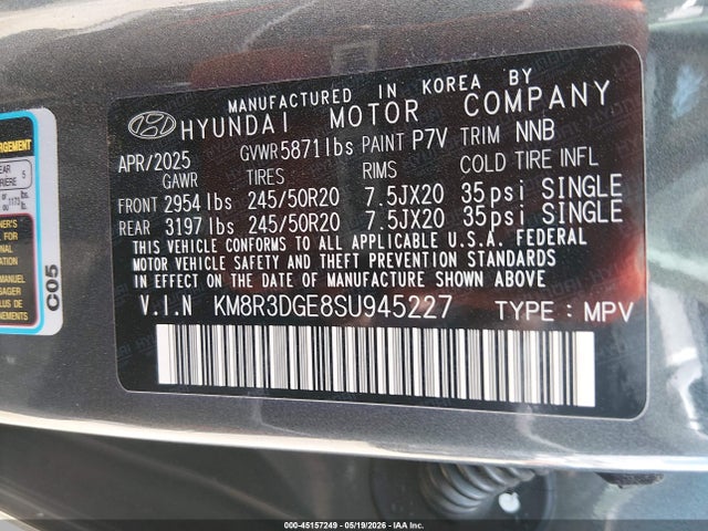 Aukcja sprzedaży 2025 Hyundai Palisade Xrt, vin: KM8R3DGE8SU945227, numer aukcji: 45157249