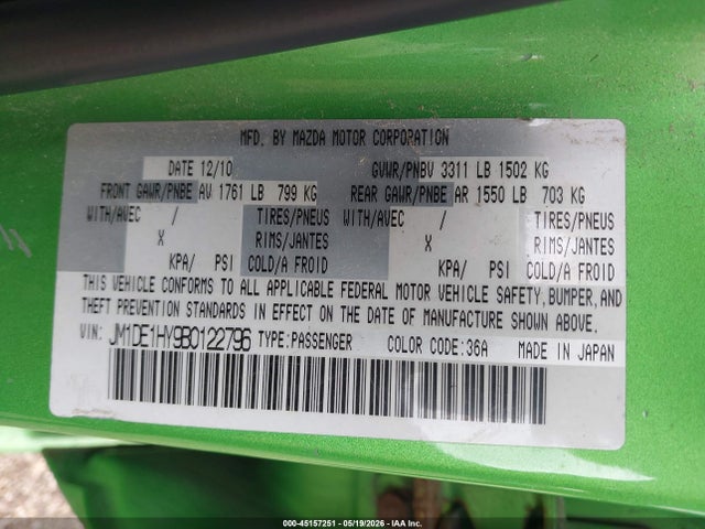 45157251 :رقم المزاد ، JM1DE1HY9B0122796 vin ، 2011 Mazda Mazda2 Touring مزاد بيع