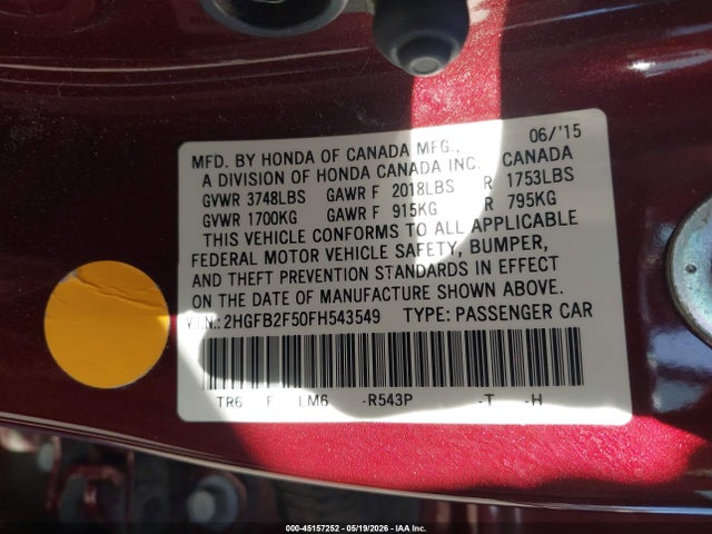 Продажа на аукционе авто 2015 Honda Civic Lx, vin: 2HGFB2F50FH543549, номер лота: 45157252