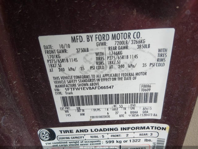 Aukcja sprzedaży 2010 Ford F-150 Fx4/harley-davidson/king Ranch/lariat/platinum/xl/xlt, vin: 1FTFW1EV8AFD66547, numer aukcji: 45157255