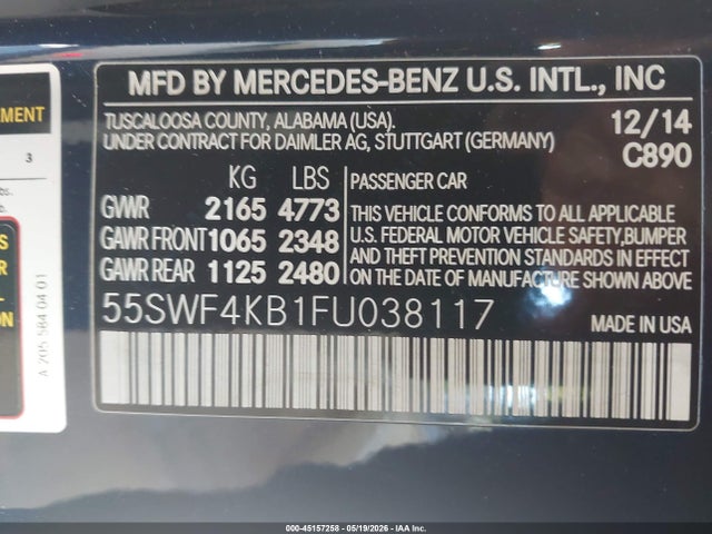 Aukcja sprzedaży 2015 Mercedes-benz C 300 4matic, vin: 55SWF4KB1FU038117, numer aukcji: 45157258
