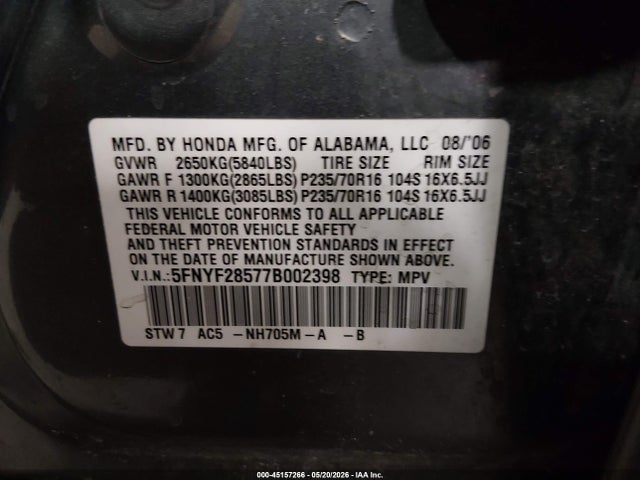 45157266 :رقم المزاد ، 5FNYF28577B002398 vin ، 2007 Honda Pilot Ex-l مزاد بيع