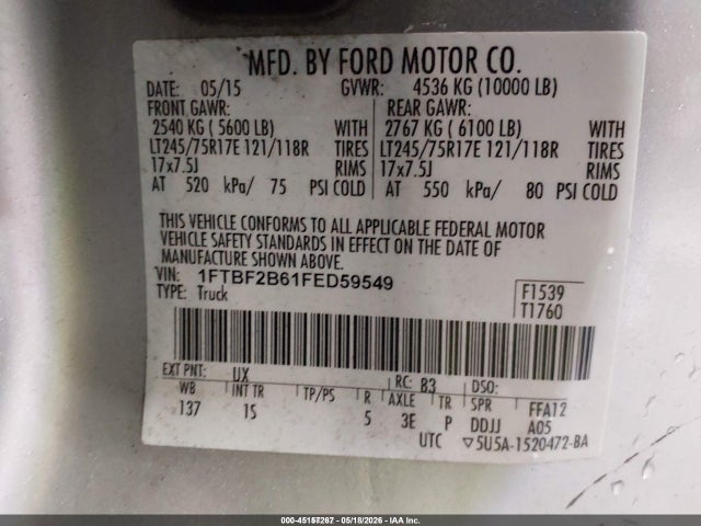 2015 Ford F-250 Xl მანქანა იყიდება აუქციონზე, vin: 1FTBF2B61FED59549, აუქციონის ნომერი: 45157267
