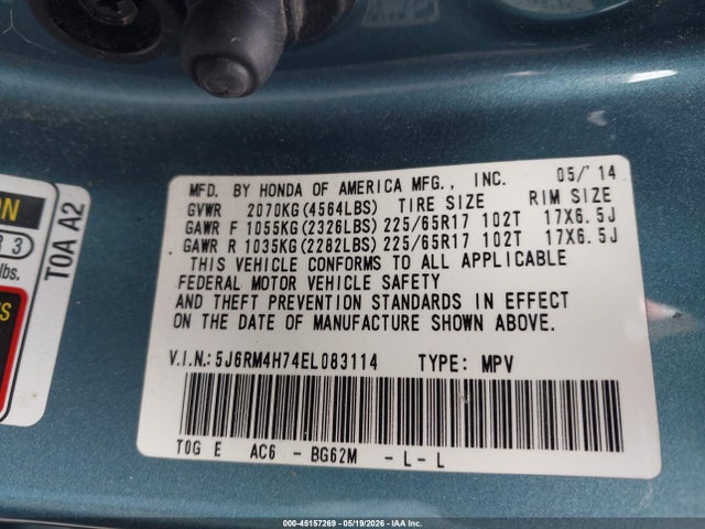 Aukcja sprzedaży 2014 Honda Cr-v Ex-l, vin: 5J6RM4H74EL083114, numer aukcji: 45157269