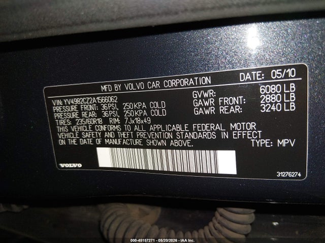 45157271 :رقم المزاد ، YV4982CZ2A1566062 vin ، 2010 Volvo Xc90 3.2 مزاد بيع