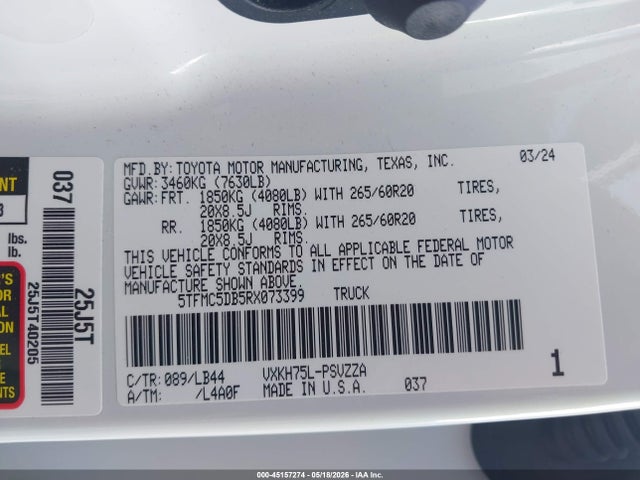 2024 Toyota Tundra Hybrid 1794 Edition 4wd მანქანა იყიდება აუქციონზე, vin: 5TFMC5DB5RX073399, აუქციონის ნომერი: 45157274