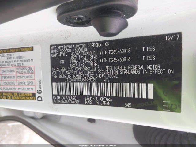 Aukcja sprzedaży 2018 Lexus Gx 460, vin: JTJBM7FXXJ5195035, numer aukcji: 45157275