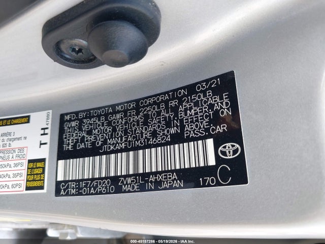 45157286 :رقم المزاد ، JTDKAMFU1M3146824 vin ، 2021 Toyota Prius Le مزاد بيع