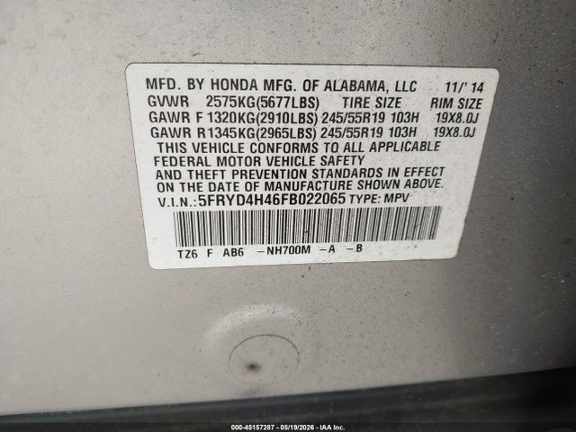 2015 Acura Mdx Technology Package მანქანა იყიდება აუქციონზე, vin: 5FRYD4H46FB022065, აუქციონის ნომერი: 45157287