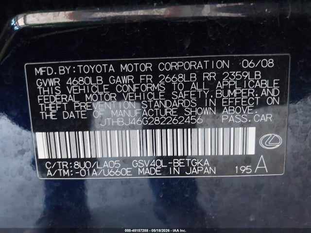 Продажа на аукционе авто 2008 Lexus Es 350, vin: JTHBJ46G282262456, номер лота: 45157288
