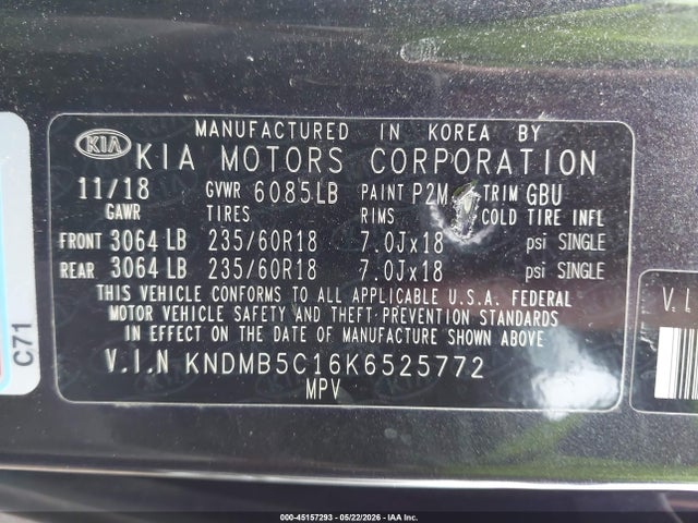 45157293 :رقم المزاد ، KNDMB5C16K6525772 vin ، 2019 Kia Sedona Ex مزاد بيع
