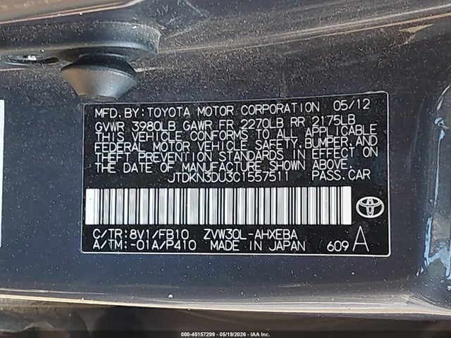 2012 Toyota Prius Three მანქანა იყიდება აუქციონზე, vin: JTDKN3DU3C1557511, აუქციონის ნომერი: 45157299