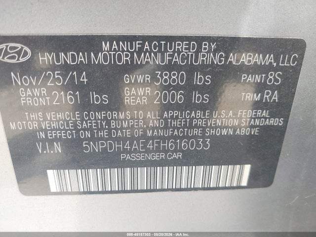 Aukcja sprzedaży 2015 Hyundai Elantra Limited, vin: 5NPDH4AE4FH616033, numer aukcji: 45157303