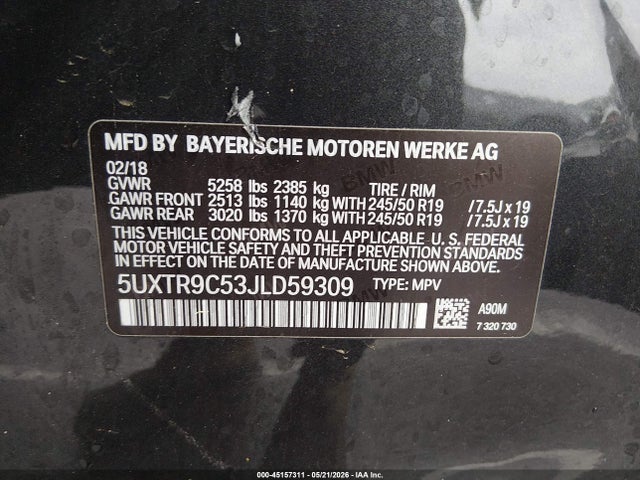 Aukcja sprzedaży 2018 Bmw X3 Xdrive30i, vin: 5UXTR9C53JLD59309, numer aukcji: 45157311