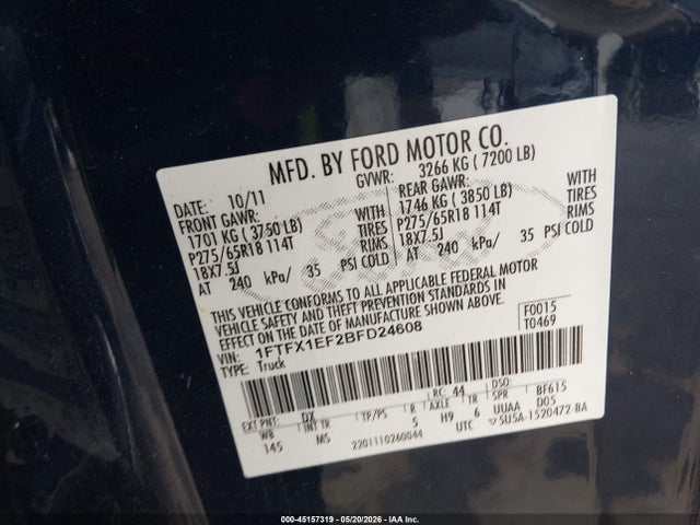 2011 Ford F-150 Xlt მანქანა იყიდება აუქციონზე, vin: 1FTFX1EF2BFD24608, აუქციონის ნომერი: 45157319