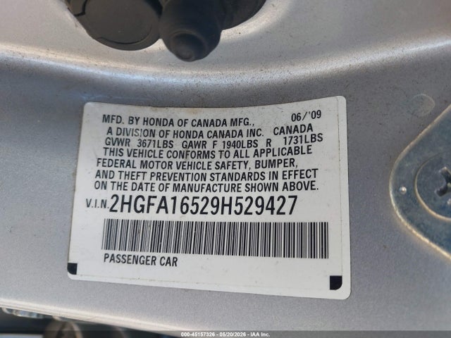 2009 Honda Civic Lx მანქანა იყიდება აუქციონზე, vin: 2HGFA16529H529427, აუქციონის ნომერი: 45157326