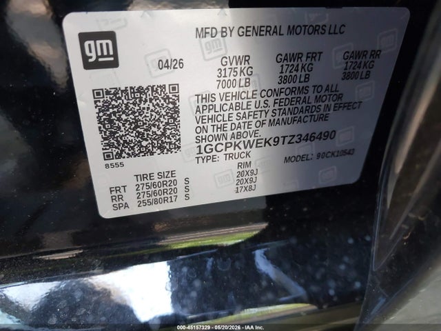 2026 Chevrolet Silverado 1500 4wd  Short Bed Rst მანქანა იყიდება აუქციონზე, vin: 1GCPKWEK9TZ346490, აუქციონის ნომერი: 45157329