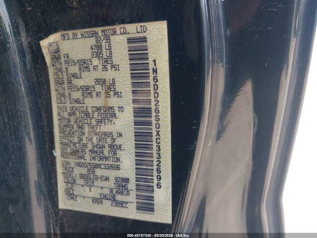 45157340 :رقم المزاد ، 1N6DD26S0XC332696 vin ، 1999 Nissan Frontier Se/xe مزاد بيع