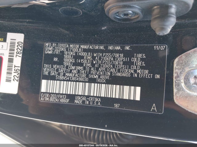 45157344 :رقم المزاد ، 5TBBV54138S498030 vin ، 2008 Toyota Tundra Base 5.7l V8 مزاد بيع