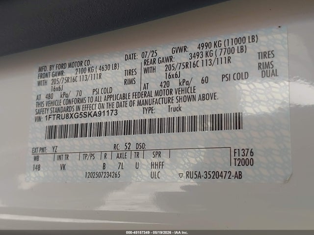 45157349 :رقم المزاد ، 1FTRU8XG5SKA91173 vin ، 2025 Ford Transit-350 Cargo Van مزاد بيع
