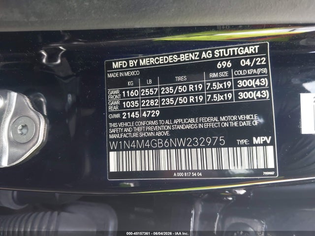 Aukcja sprzedaży 2022 Mercedes-benz Glb 250, vin: W1N4M4GB6NW232975, numer aukcji: 45157361