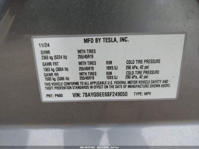 Auction sale of the 2025 Tesla Model Y Long Range Dual Motor All-wheel Drive, vin: 7SAYGDEE6SF249050, lot number: 45157362