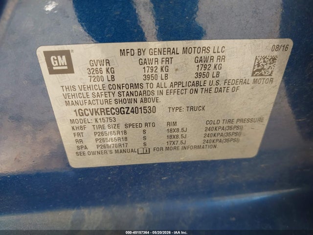 45157364 :رقم المزاد ، 1GCVKREC9GZ401530 vin ، 2016 Chevrolet Silverado 1500 2lt مزاد بيع