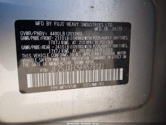 2015 Subaru Forester 2.5i Premium მანქანა იყიდება აუქციონზე, vin: JF2SJAFC5FH578121, აუქციონის ნომერი: 45157365