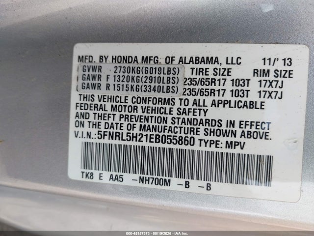 45157373 :رقم المزاد ، 5FNRL5H21EB055860 vin ، 2014 Honda Odyssey Lx مزاد بيع