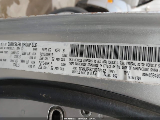 45157377 :رقم المزاد ، 1C4NJRFB7CD672442 vin ، 2012 Jeep Patriot Latitude مزاد بيع