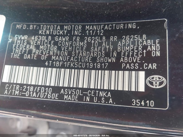2012 Toyota Camry Le მანქანა იყიდება აუქციონზე, vin: 4T1BF1FK5CU191817, აუქციონის ნომერი: 45157378