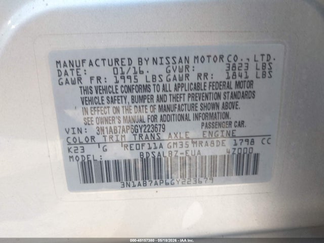 2016 Nissan Sentra S მანქანა იყიდება აუქციონზე, vin: 3N1AB7AP6GY223679, აუქციონის ნომერი: 45157380
