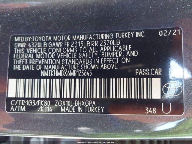 2021 Toyota C-hr Xle მანქანა იყიდება აუქციონზე, vin: NMTKHMBX6MR123645, აუქციონის ნომერი: 45157385