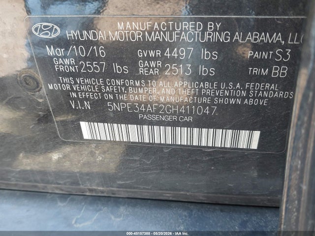 Продаж на аукціоні авто 2016 Hyundai Sonata Limited, vin: 5NPE34AF2GH411047, номер лоту: 45157388