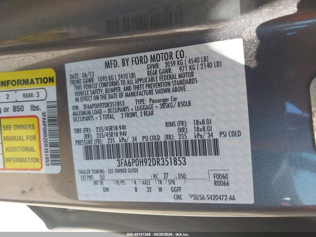 Aukcja sprzedaży 2013 Ford Fusion Se, vin: 3FA6P0H92DR351853, numer aukcji: 45157389